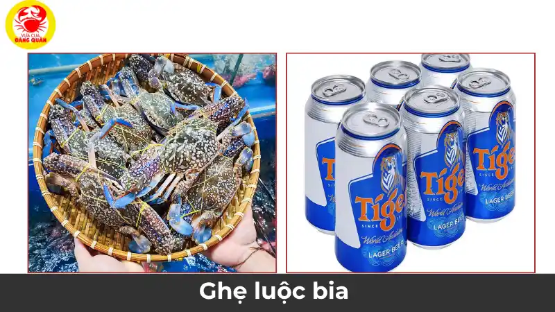 Nguyên liệu cho món ghẹ xanh luộc bia, bao gồm ghẹ tươi sống và bia để hấp cùng giúp khử tanh và tăng hương vị.