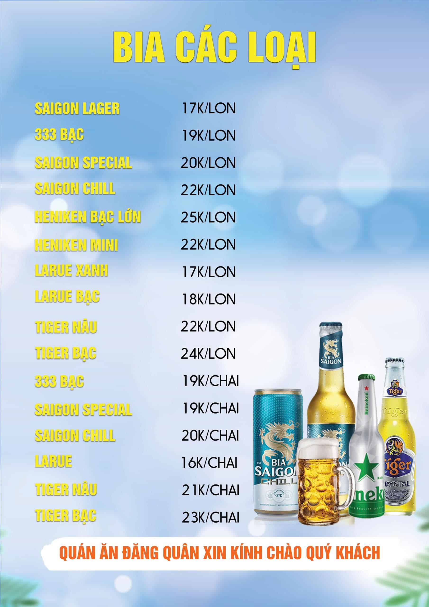 Menu các loại bia tại Vựa Cua Đăng Quân