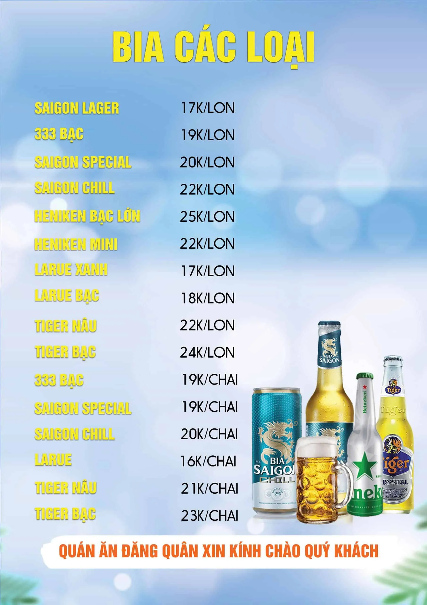 Menu các loại bia tại Vựa Cua Đăng Quân