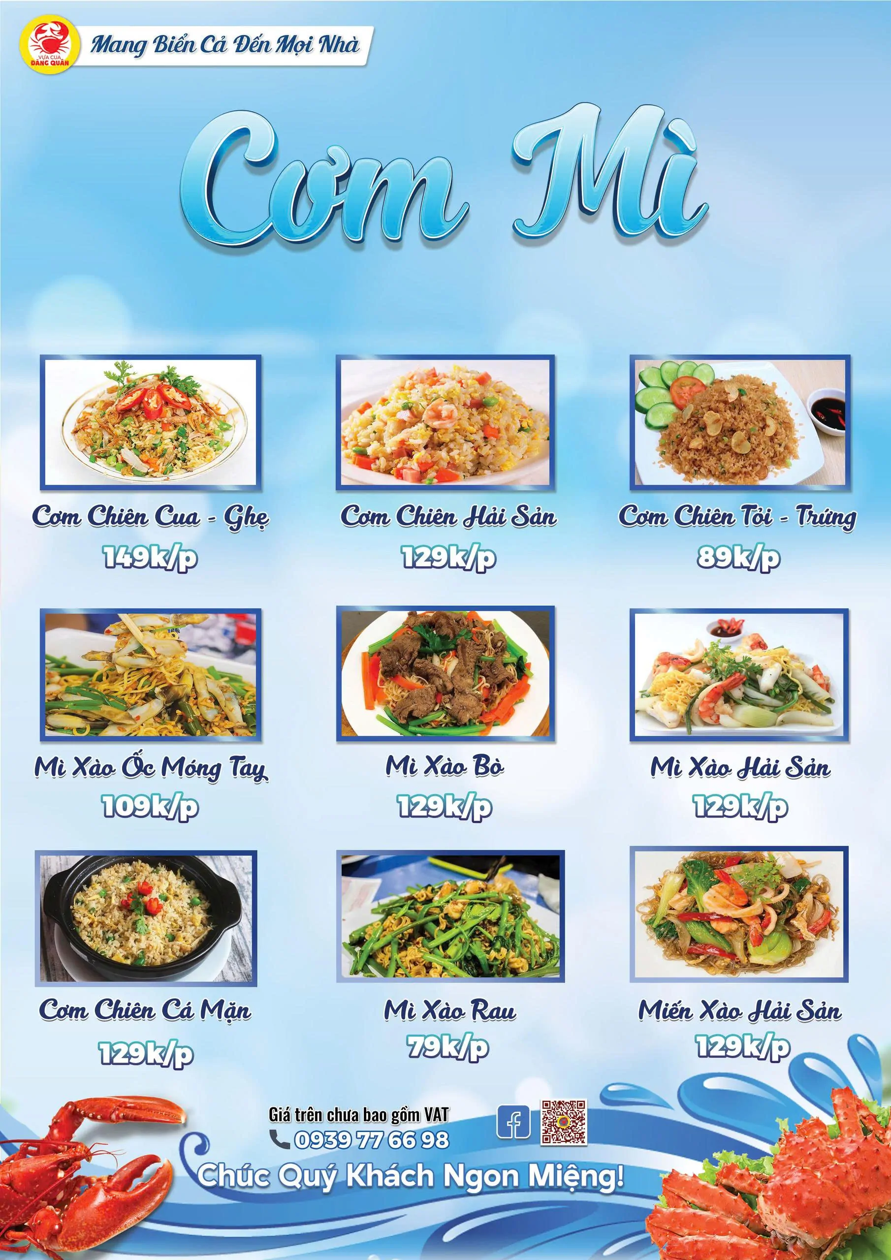 Thực đơn các món cơm và mì tại Vựa Cua Đăng Quân
