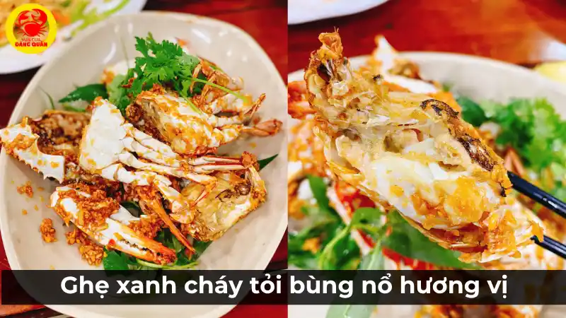 Đĩa ghẹ xanh cháy tỏi thành phẩm, với những con ghẹ đỏ au được phủ đầy tỏi phi vàng giòn, thơm nức