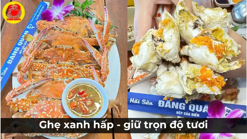 Đĩa ghẹ xanh hấp sả bia thành phẩm, ghẹ chín đỏ au, thịt chắc ngọt, thơm lừng hương sả và bia