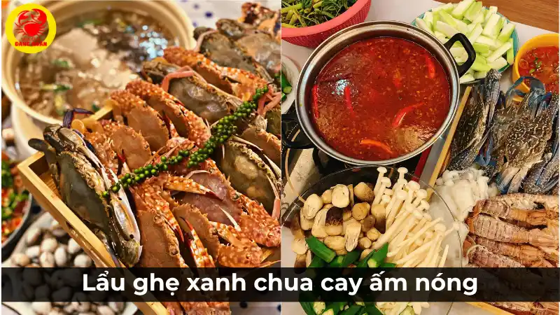 Nồi lẩu ghẹ xanh chua cay đang sôi sùng sục, bên trong có ghẹ xanh tươi ngon và các loại rau nấm ăn kèm