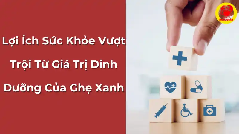 Hình ảnh minh họa các lợi ích sức khỏe của ghẹ xanh, với các biểu tượng về tim mạch, y tế và gia đình