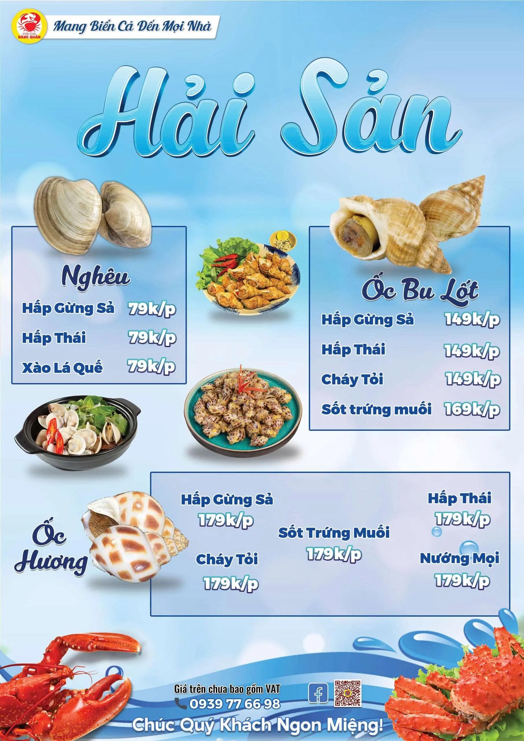 Menu hải sản tươi sống và món ăn hấp dẫn tại Vựa Cua Đăng Quân Cần Thơ