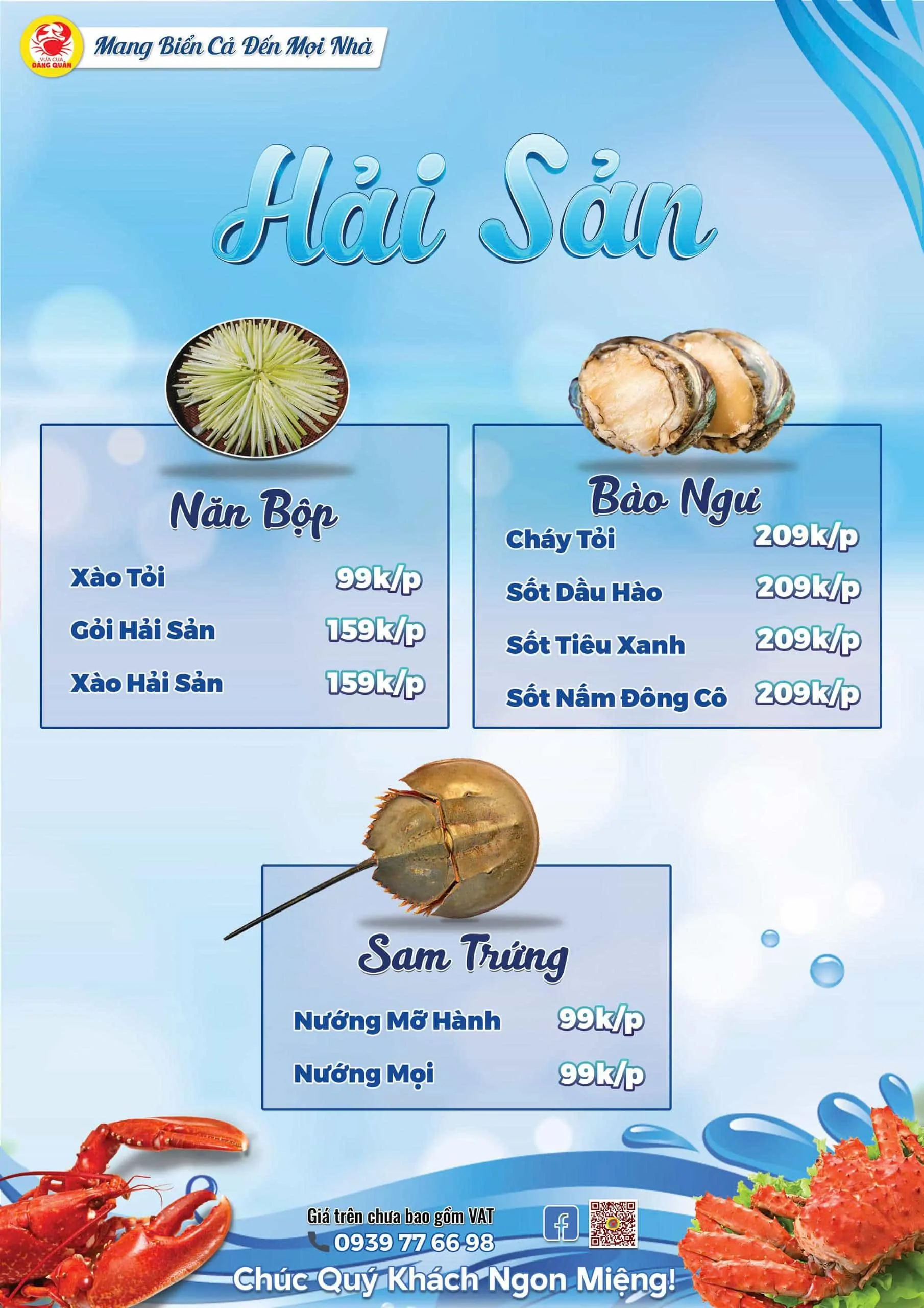 Menu hải sản tươi sống phong phú tại Vựa Cua Đăng Quân Cần Thơ