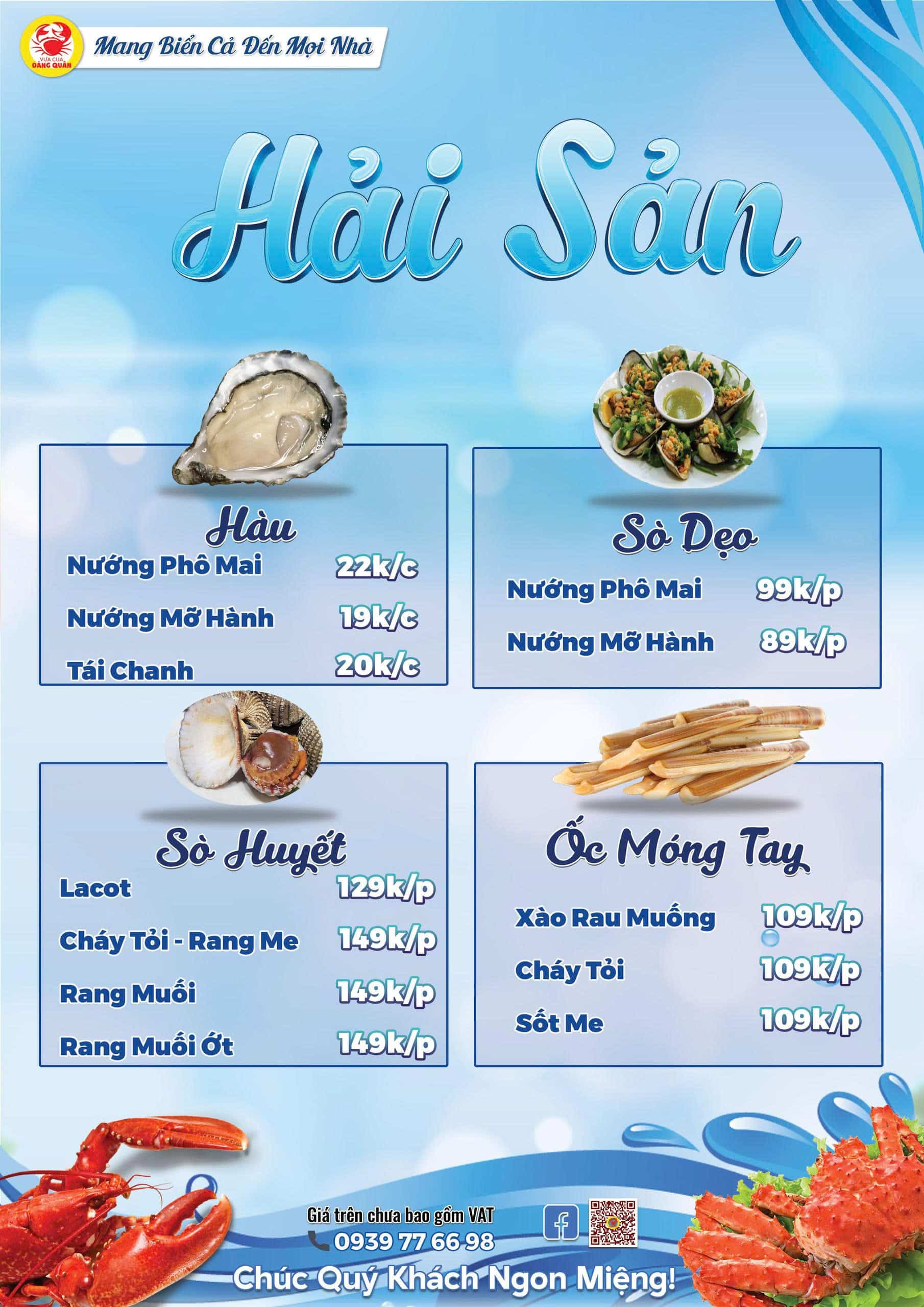 Menu hải sản đa dạng các món tươi ngon tại Vựa Cua Đăng Quân Cần Thơ