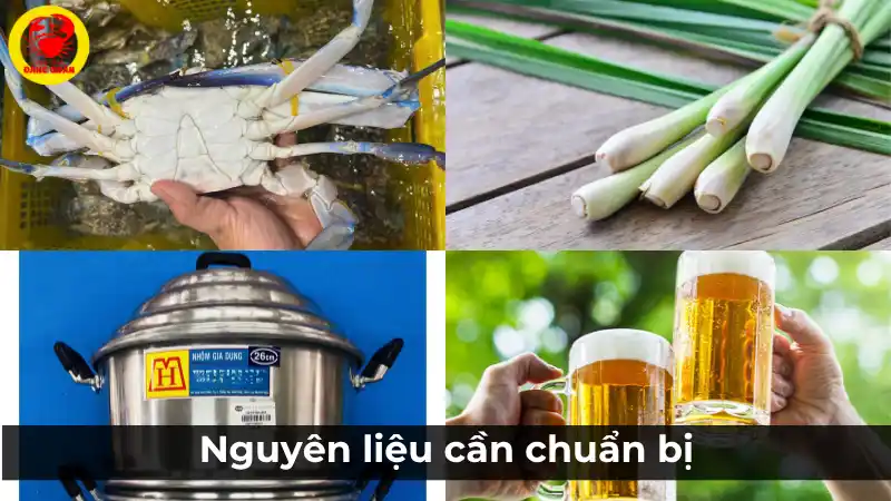 Các nguyên liệu cần chuẩn bị cho công thức ghẹ xanh hấp, bao gồm ghẹ tươi sống, bia và các gia vị khác.
