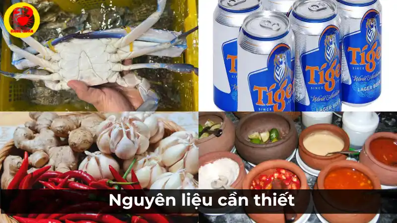 Nguyên liệu cho món ghẹ xanh hấp bia, bao gồm ghẹ tươi sống và bia để hấp cùng giúp khử tanh và tăng hương vị.