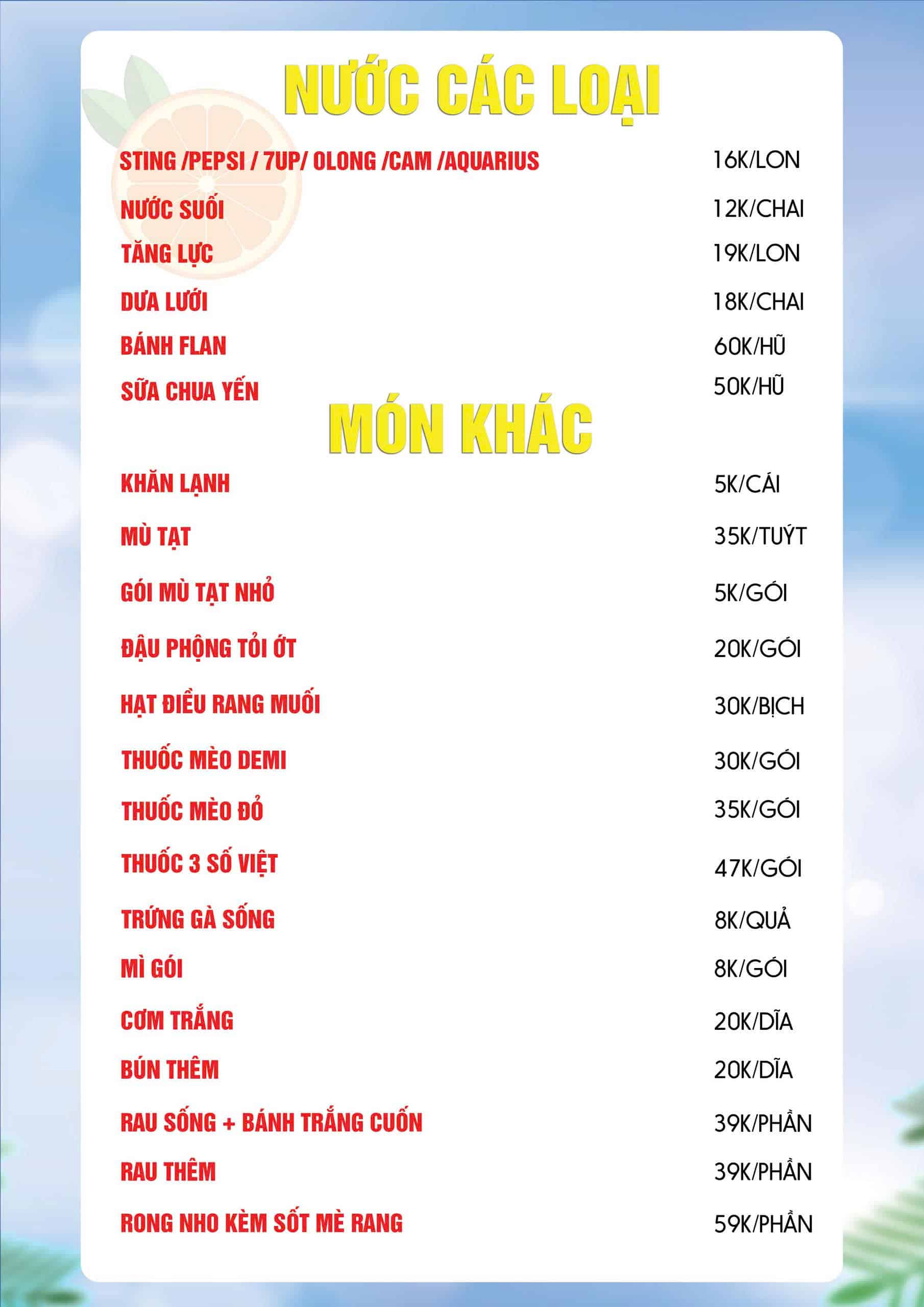 Menu các loại nước giải khát và đồ uống khác tại Vựa Cua Đăng Quân