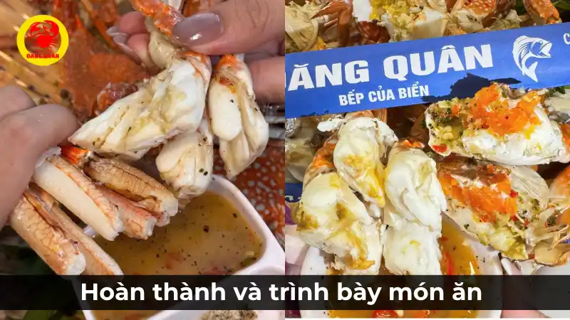 Trình bày món ghẹ xanh hấp bia thành phẩm ra đĩa, ghẹ chín đỏ au, trang trí đẹp mắt, sẵn sàng để thưởng thức.