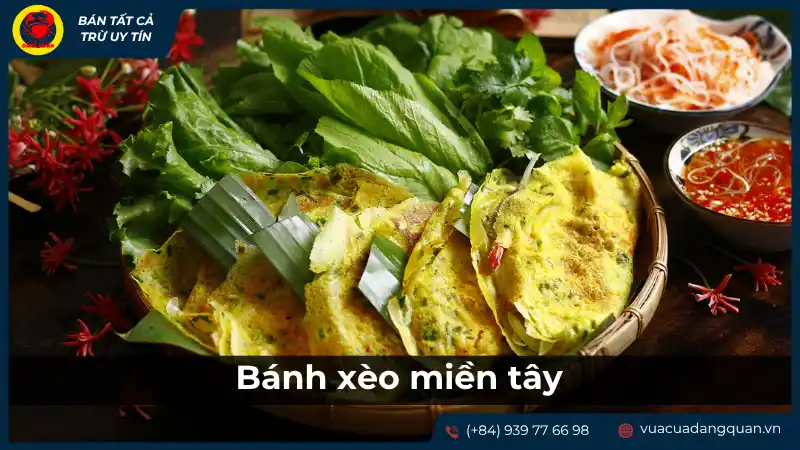Bánh xèo miền Tây vàng giòn, nhân tôm thịt, ăn kèm rau sống và nước mắm chua ngọt