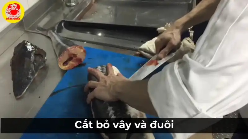 Cắt bỏ vây và đuôi cá tầm khi sơ chế.
