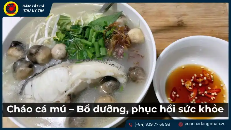 Bát cháo cá mú nóng hổi, với những lát cá trắng ngần và hành ngò, kèm theo chén nước mắm gừng, gợi cảm giác bổ dưỡng và phục hồi sức khỏe.