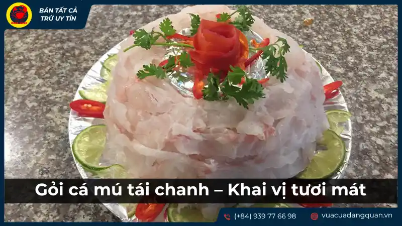Gỏi cá mú tái chanh được trình bày đẹp mắt, với thịt cá thái lát trộn cùng gia vị và rau thơm, gợi cảm giác tươi mát và khai vị.