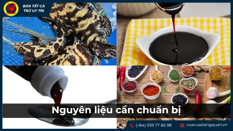 Các nguyên liệu cần chuẩn bị để làm món cá mú hấp Hồng Kông, bao gồm cá mú tươi và các loại gia vị như gừng, hành, nấm hương, và các loại sốt.