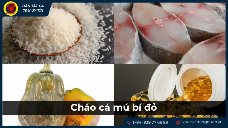 Các nguyên liệu để nấu cháo cá mú bí đỏ cho bé, bao gồm gạo, thịt cá mú đã sơ chế, bí đỏ và trứng vịt muối (hoặc trứng gà).