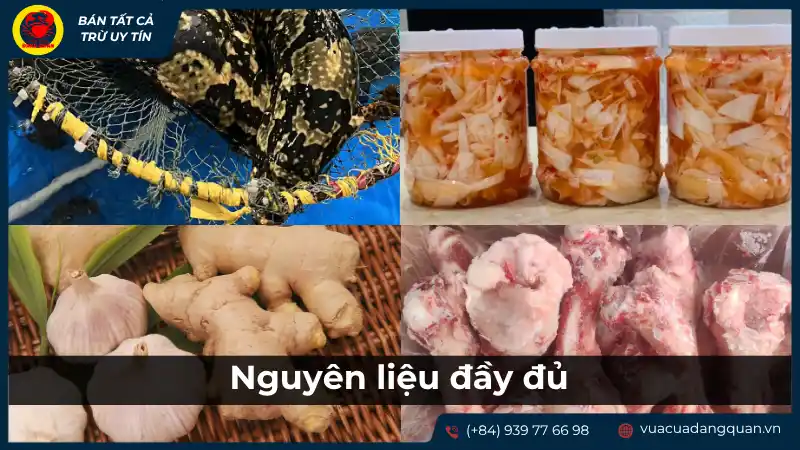 Các nguyên liệu tươi ngon được bày biện để nấu lẩu cá mú măng chua, bao gồm cá mú, măng, rau sống và các loại gia vị.