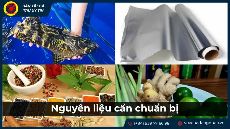 Các nguyên liệu cần chuẩn bị để làm món cá mú nướng giấy bạc, bao gồm cá mú, rau sống (hành, thì là), gừng, ớt và giấy bạc.