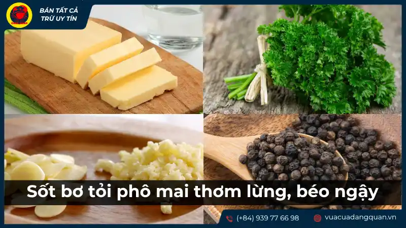 Các nguyên liệu để làm sốt bơ tỏi, bao gồm bơ, tỏi băm, rau mùi tây và tiêu, gợi cảm giác thơm lừng, béo ngậy.