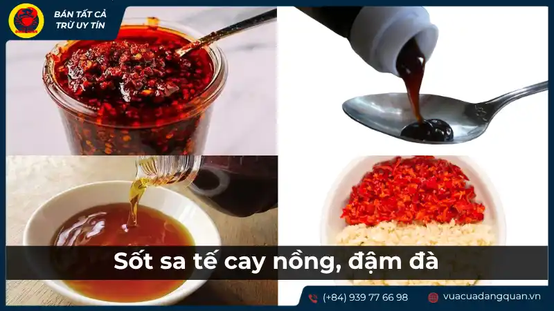 Các nguyên liệu để làm sốt sa tế, bao gồm ớt, dầu và gia vị, cho thấy sự cay nồng, đậm đà của sốt.