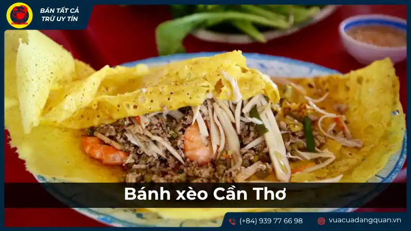 Bánh xèo Cần Thơ vàng giòn, nhân tôm thịt, ăn kèm rau sống tươi ngon