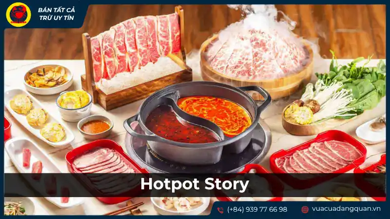 Bàn tiệc lẩu với đa dạng các loại thịt và hải sản tươi ngon tại Hotpot Story