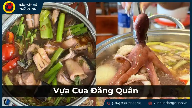 Bàn tiệc lẩu hải sản tươi ngon với cua, ghẹ và các loại rau xanh tại Vựa Cua Đặng Quân