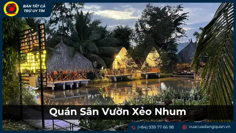 Quán Sân Vườn Xẻo Nhum với không gian xanh mát và các chòi lá riêng tư