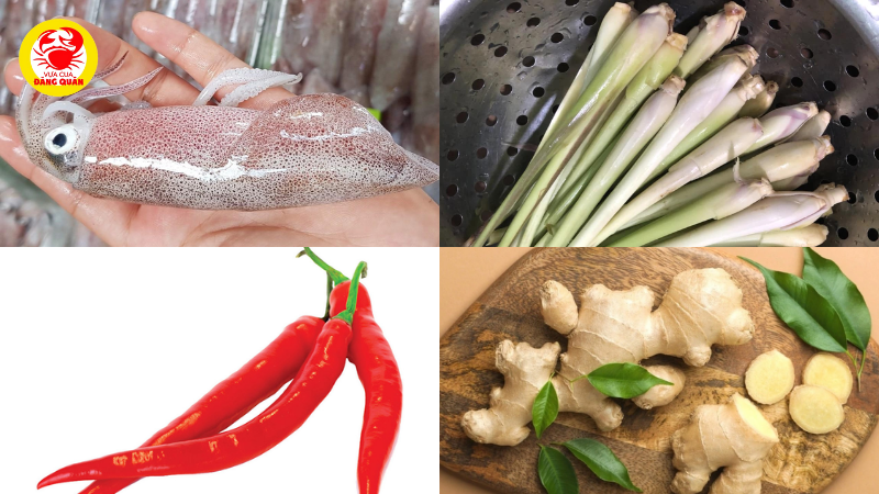 Nguyên liệu mực ống hấp gừng sả